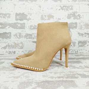 New Karl Lagerfeld Cyron Beige Suede Open Back Pointed Toe Ankle Booties i307